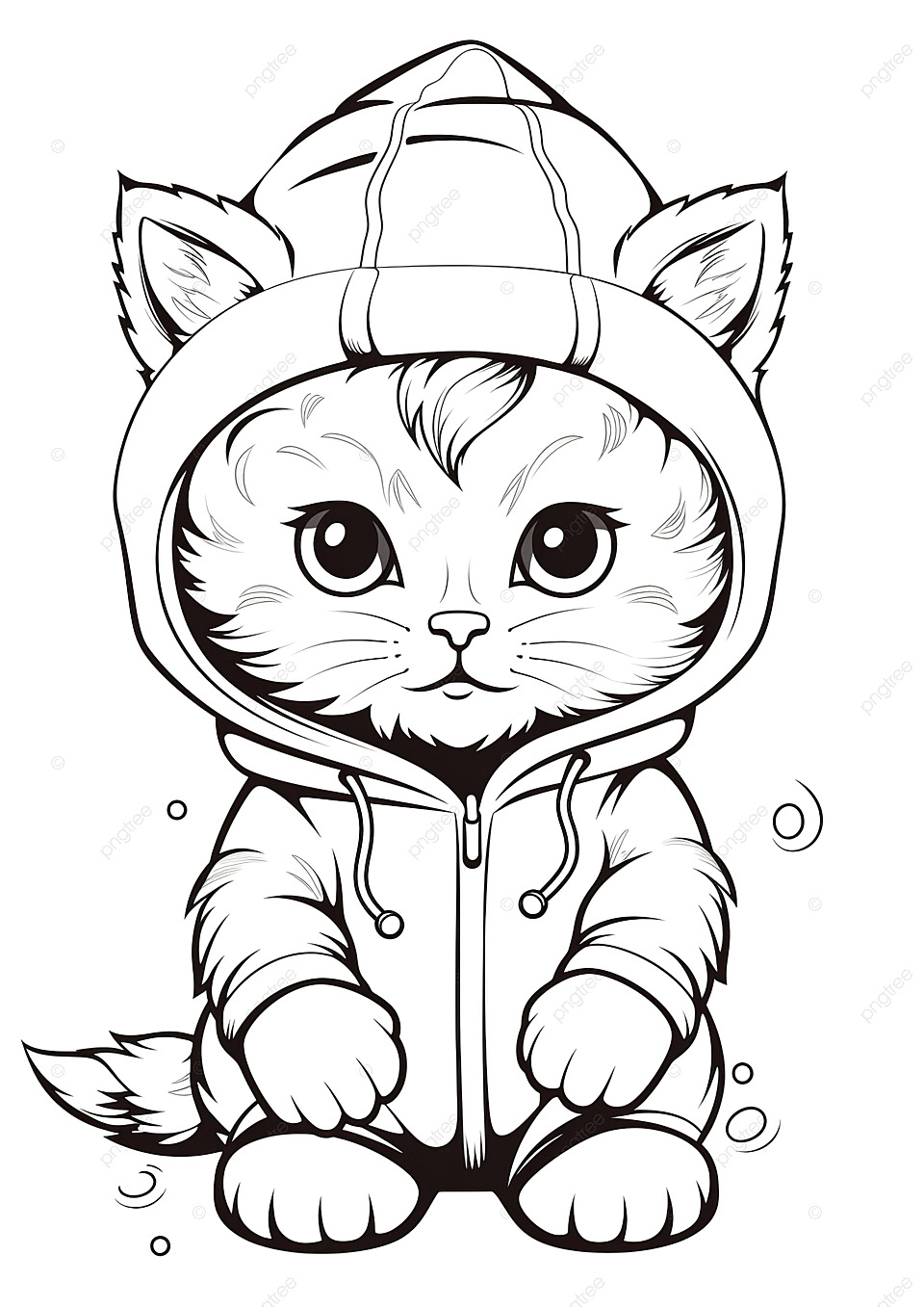 一只穿着连帽衫的可爱猫咪，胸前有绒球，猫咪剪影着色页