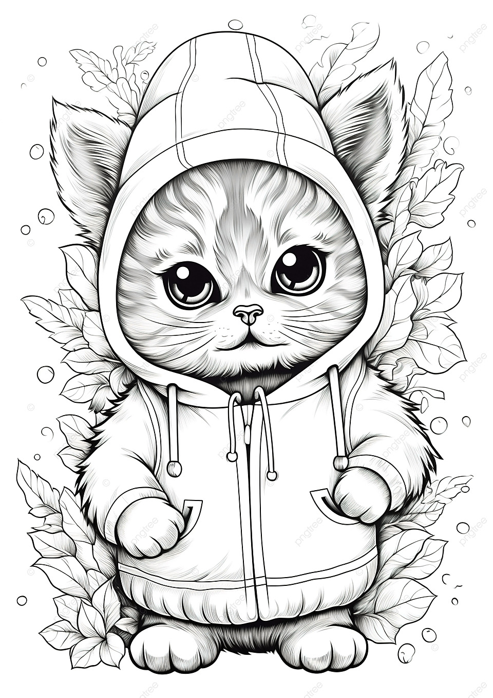 一只穿着连帽衫的可爱猫咪，胸前有绒球，猫咪剪影着色页