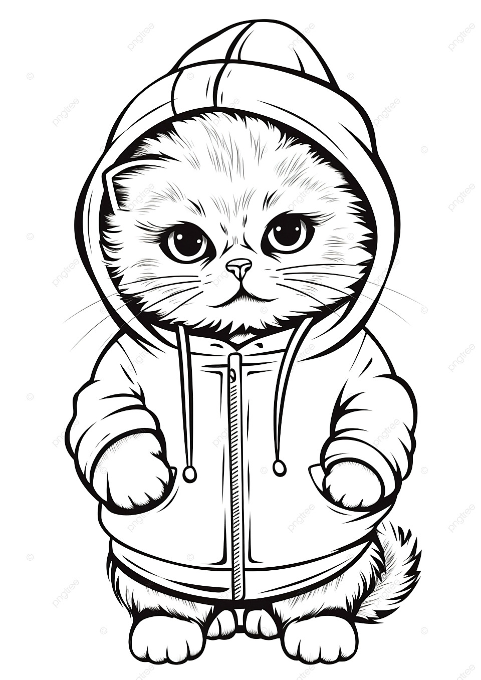 一只穿着连帽衫的可爱猫咪，胸前有绒球，猫咪剪影着色页