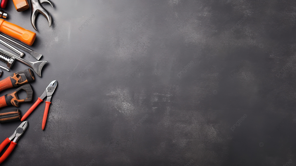 各种手工制作的金属工具，位于带纹理的灰色背景上，具有顶视图和复制空间