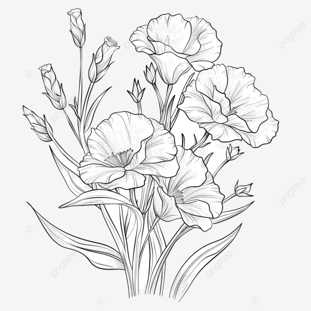 洋桔梗花图画书，带有涂鸦风格的花朵