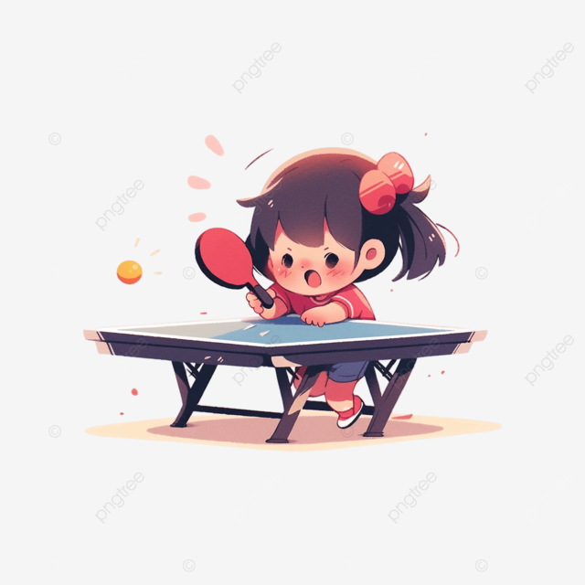 小女孩打乒乓球卡通插画