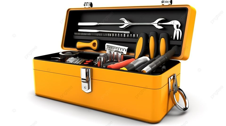 带有白色背景工具的独立工具箱的 3D 插图