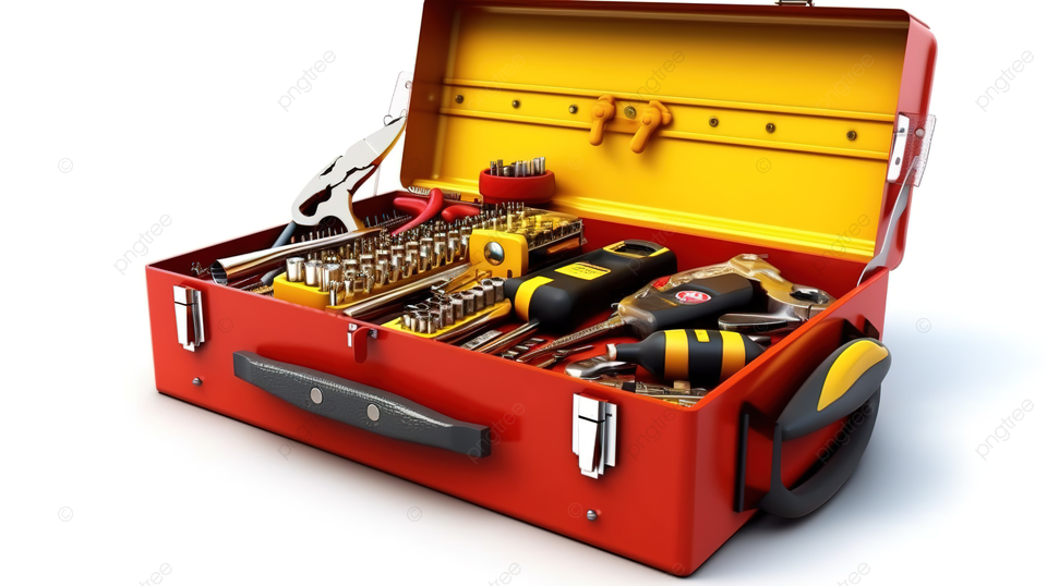 白色背景工具箱中工具的 3D 插图