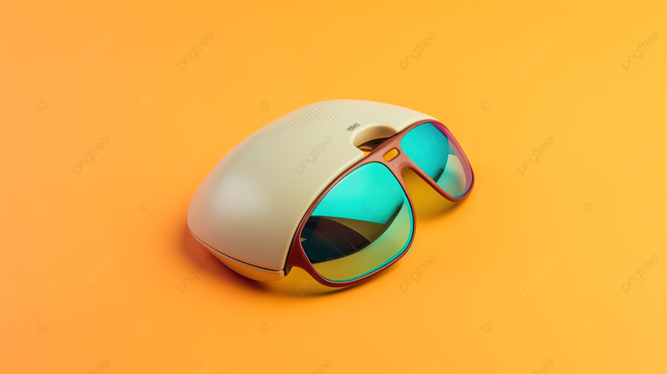 带立体 3D 眼镜的黄色背景娱乐电脑鼠标的顶视图