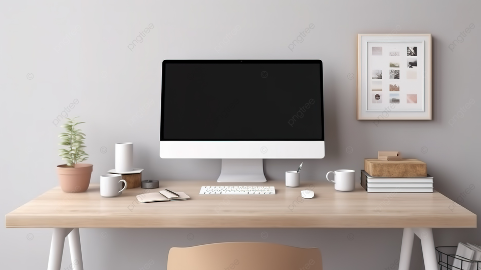 办公桌上的海报样机电脑显示器，配有木质工作台和灰色墙壁背景