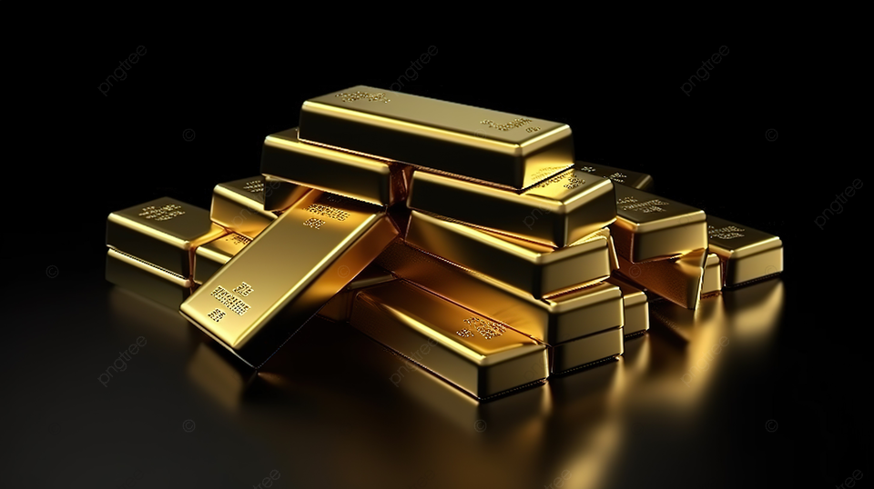 黑色背景上的 3D 渲染金条堆叠，象征着金融储备和价值，具有充足的复制空间