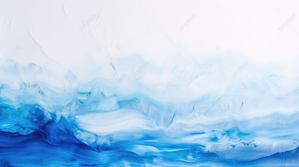 白色画布上的抽象蓝色油漆笔触和水彩纹理