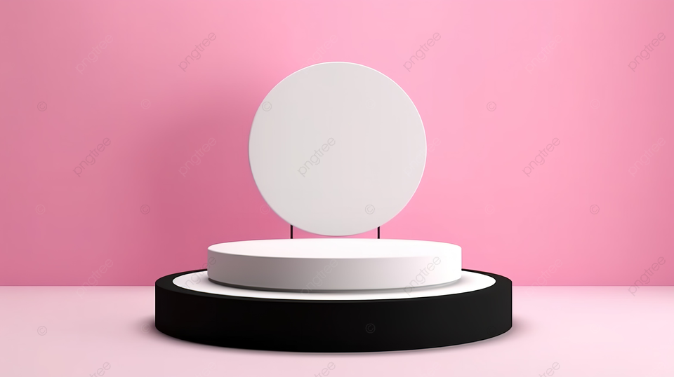 3D 渲染的舞台讲台展示以白色和黑色的对比增强了产品在充满活力的粉红色背景下的展示