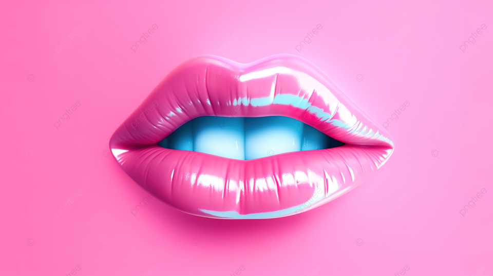 3D 渲染双色调粉色背景，女性嘴唇以蓝色唇膏亲吻手势