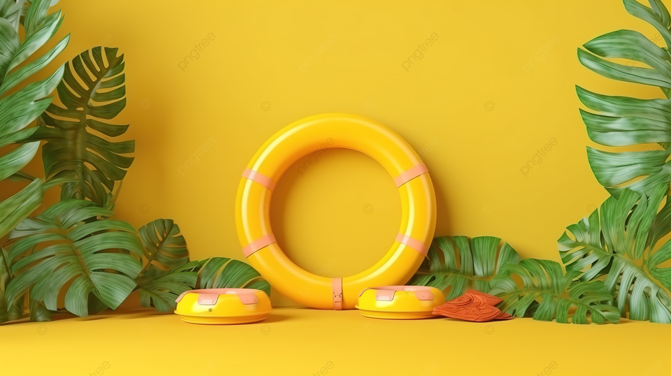 充满活力的夏季横幅，带有黄色背景拖鞋叶和充气游泳圈 3D 渲染