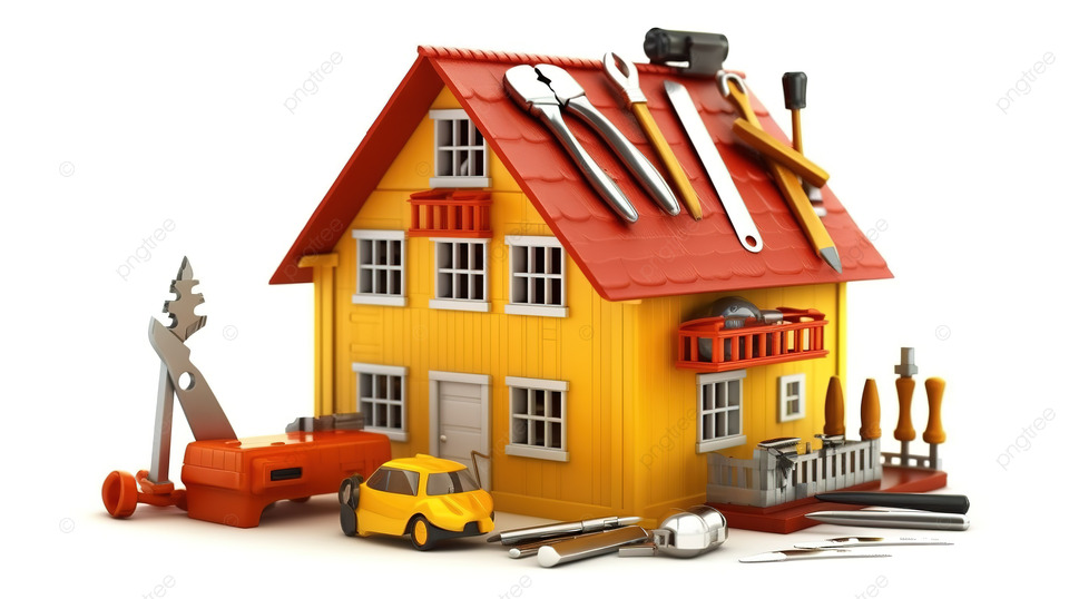 带有房屋和工具的白色背景的 3D 渲染