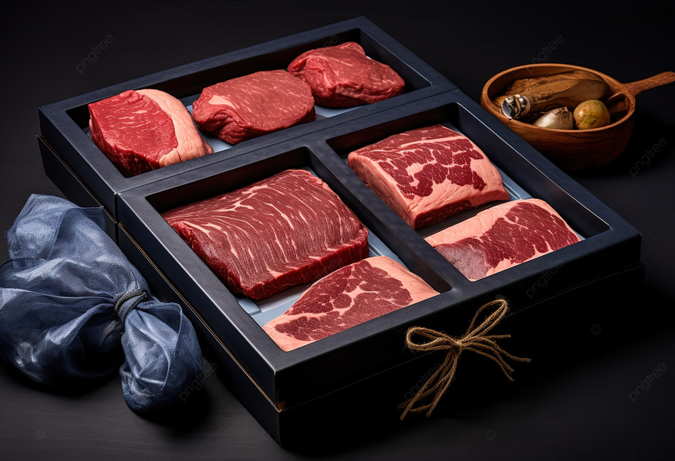一包不同的牛肉产品装在一个黑盒子里