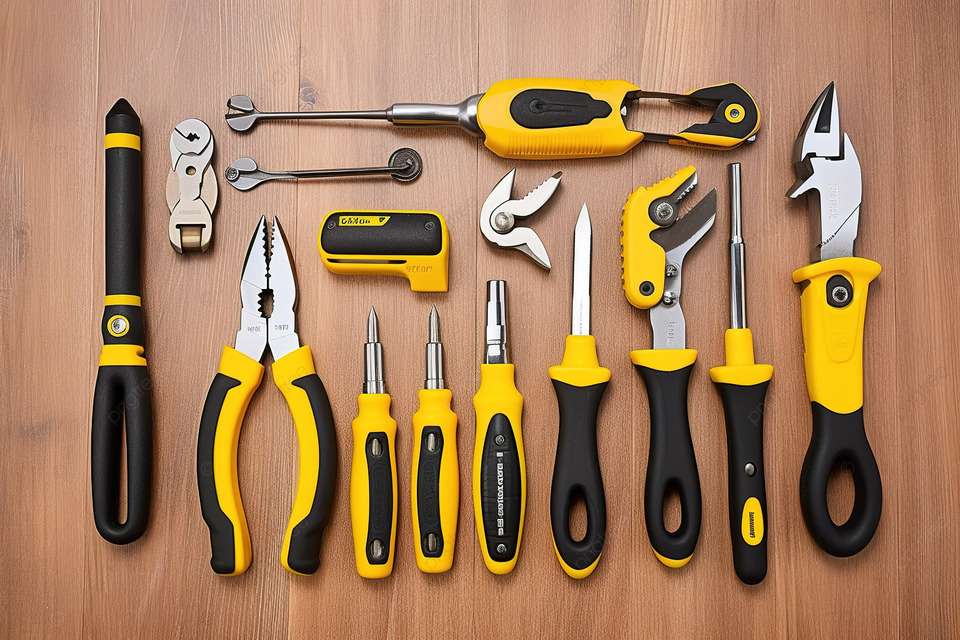 木桌上的各种钳子和工具