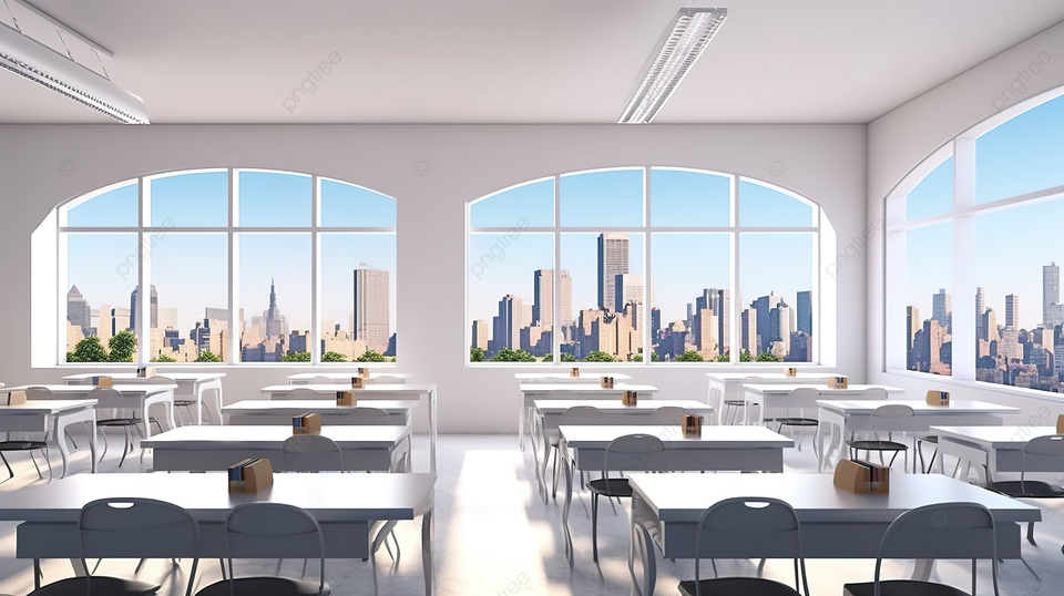 现代学习空间，配有宽敞的全景窗户时尚的白色书桌和发光的内饰 3D 渲染