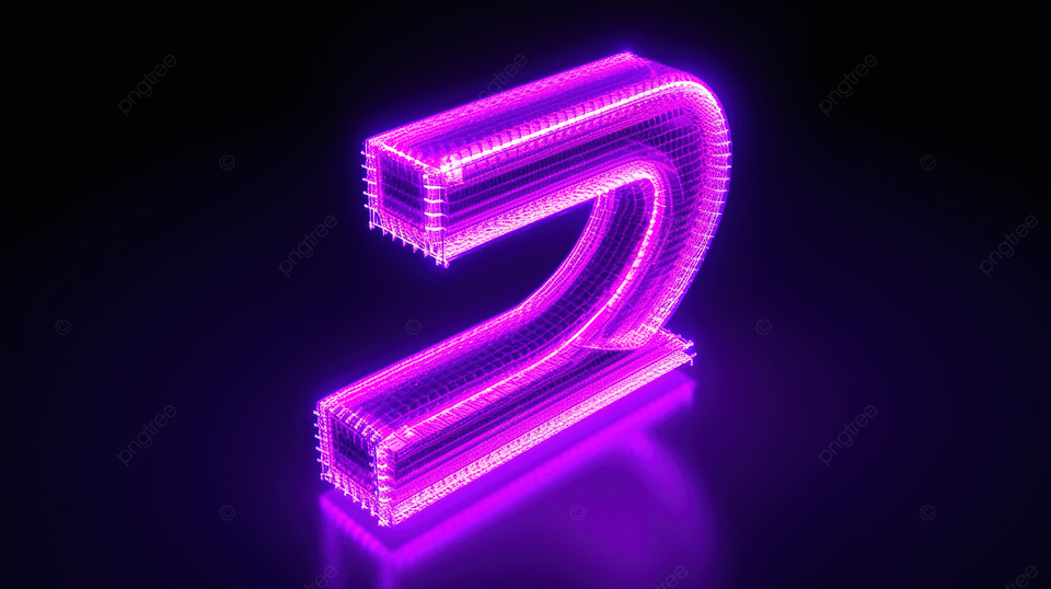 3D 渲染紫色数字设计体积第二号在霓虹灯中发光