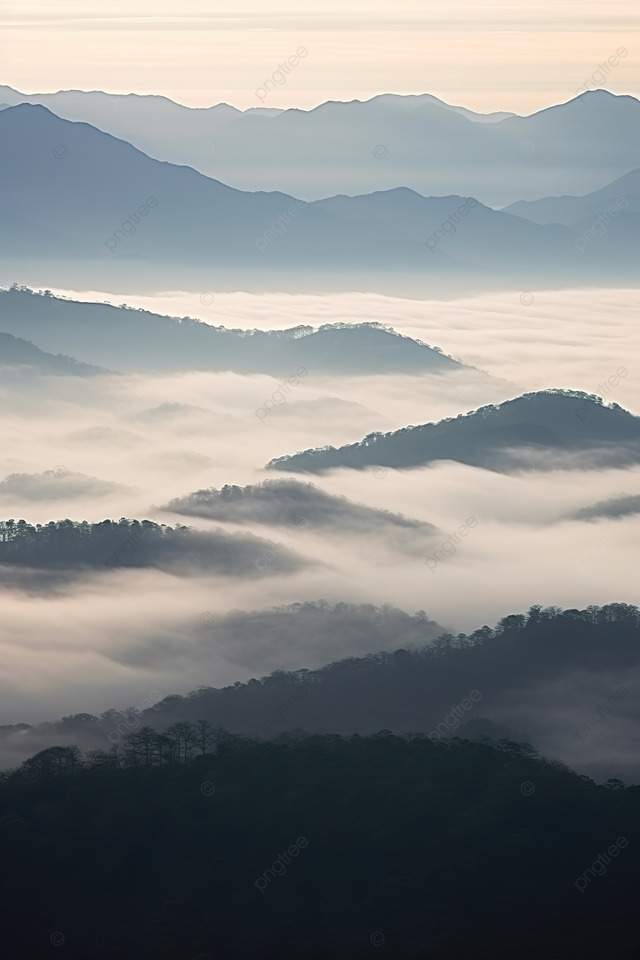 雾中的烟雾缭绕的山景