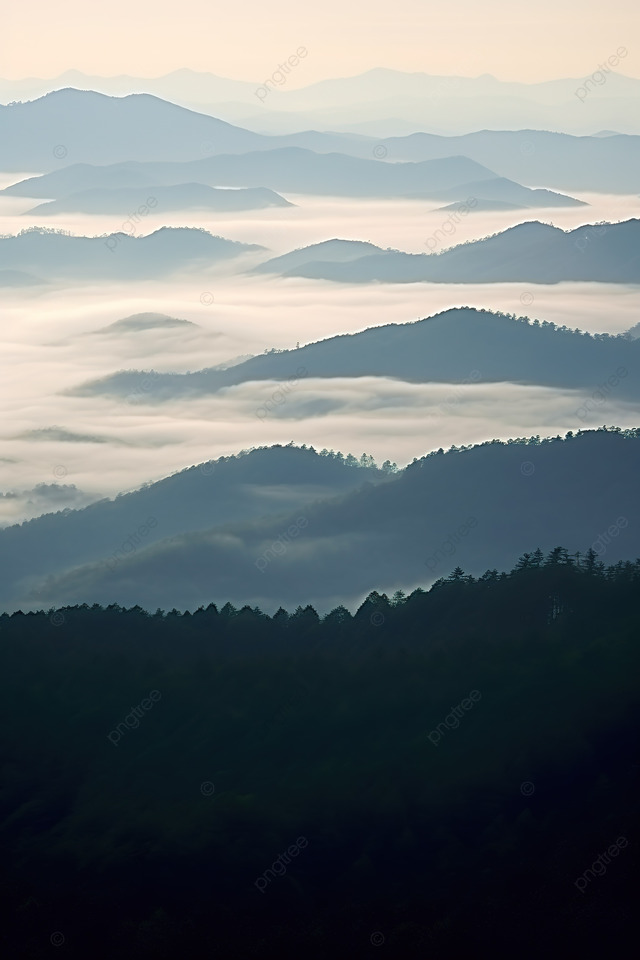 雾中的烟雾缭绕的山景
