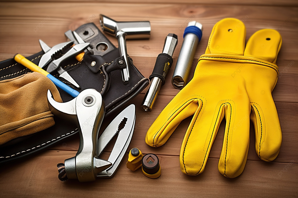 工具和工具铺设在木质表面上