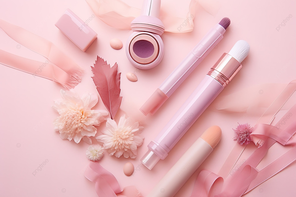 粉红色背景上的粉红色化妆品，配有不同色调的面霜