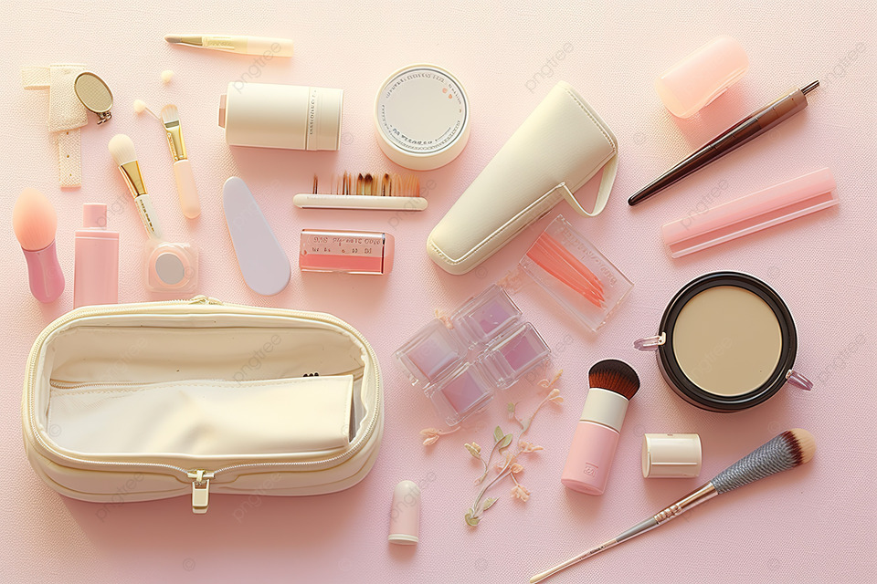 粉红色化妆品瓶刷和其他化妆品