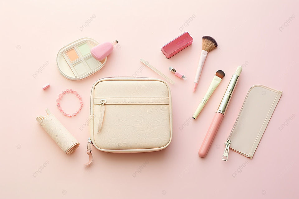 粉色钱包，里面有很多不同的美容工具