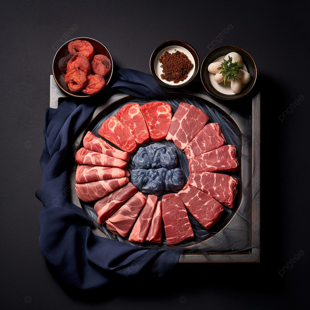 各种各样的小块肉放在一个大黑盘子上