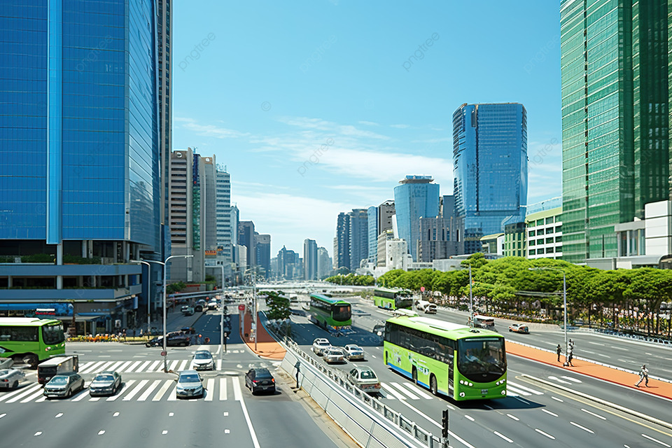 首尔西洞路口，高楼林立，公交车众多