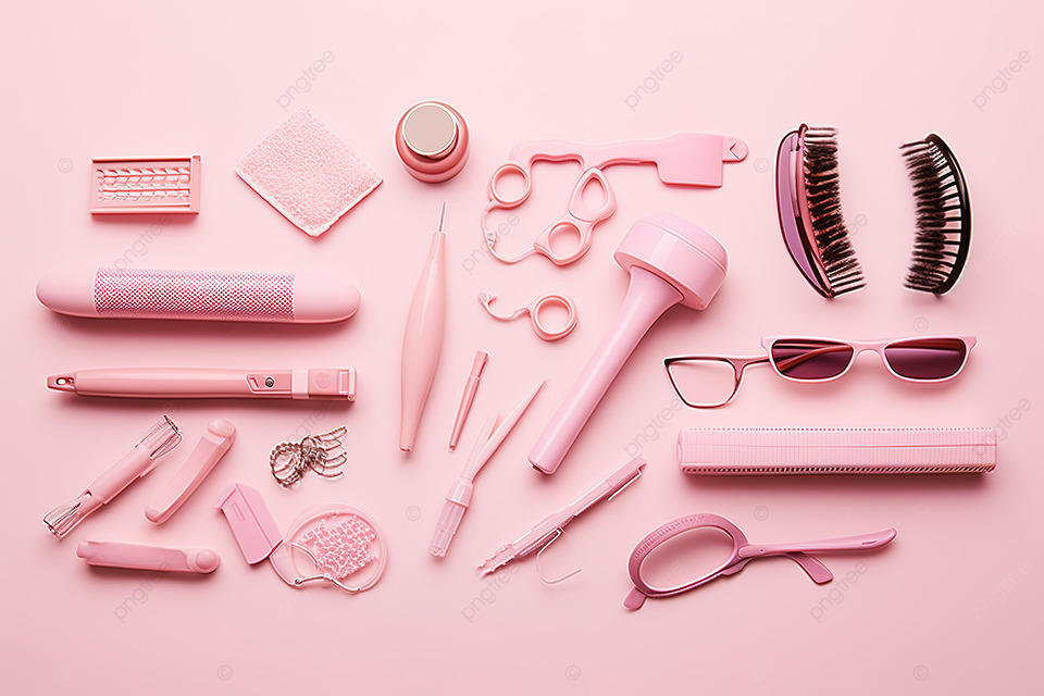 浅粉色背景中的粉色发饰和化妆品