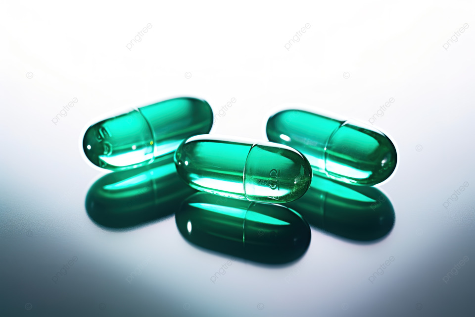 三个绿色玻璃药丸胶囊彼此重叠