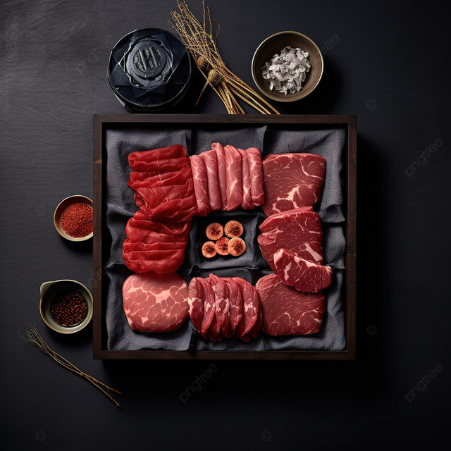 各种各样的小块肉放在一个大黑盘子上