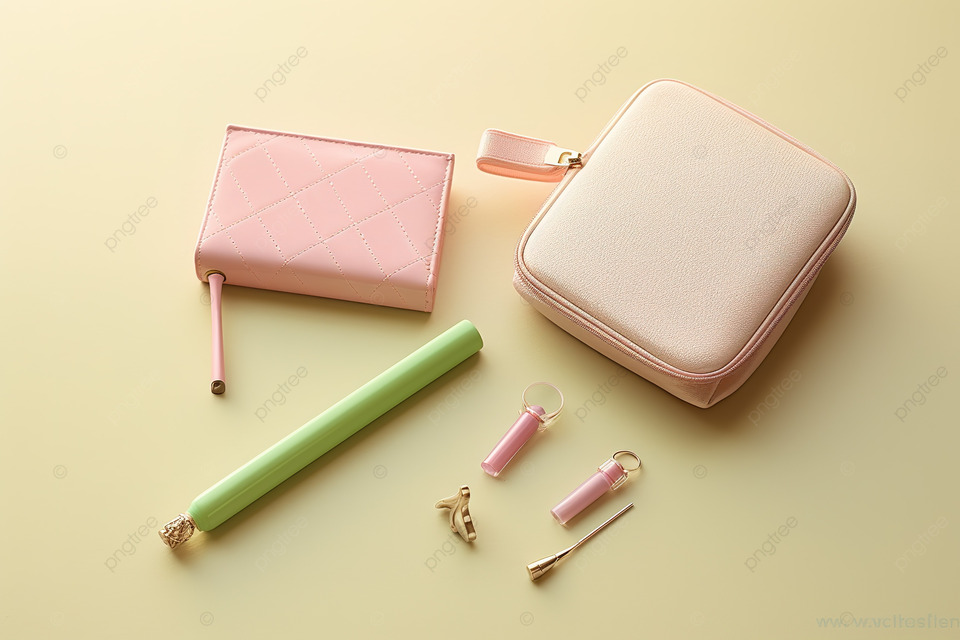 白色纸板上的粉色化妆包钱包刷和珠宝