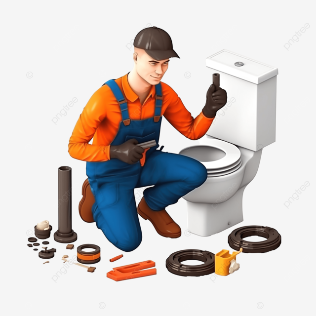 水管工正在修理马桶，在下水道堵塞后使用柱塞清洁管道