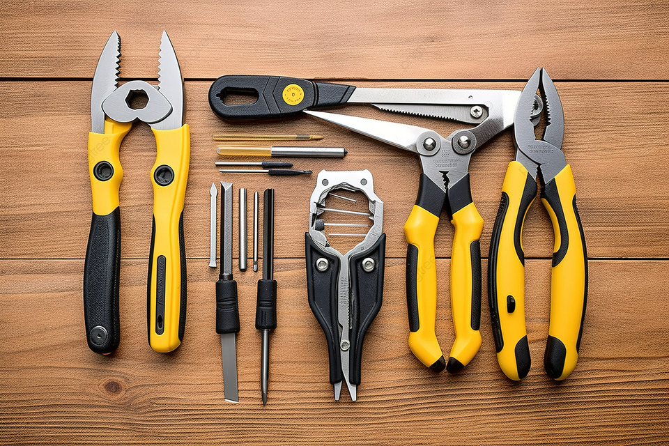 黄色和黑色的钳子放在木头上的正方形中