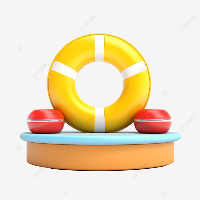 空圆形黄色讲台的 3D 渲染，装饰有游泳圈和沙滩球，用于演示概念