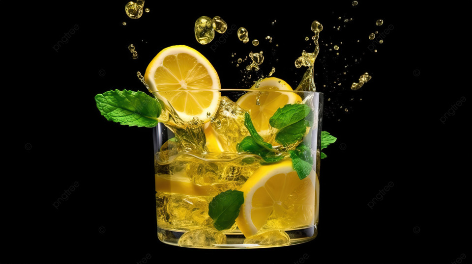 在光滑的黑色背景下，切片和立方体融入玻璃杯中，以 3D 方式捕获清爽的柠檬薄荷和冰饮料