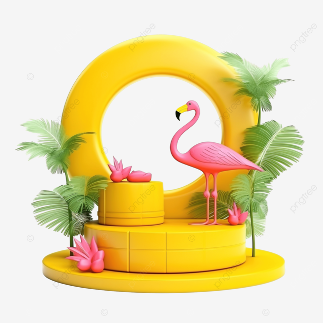 空几何黄色讲台的 3D 渲染，装饰有游泳充气火烈鸟和蒙斯特拉叶，用于广告概念