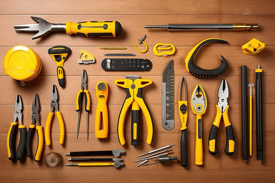 桌面上有各种修理工具