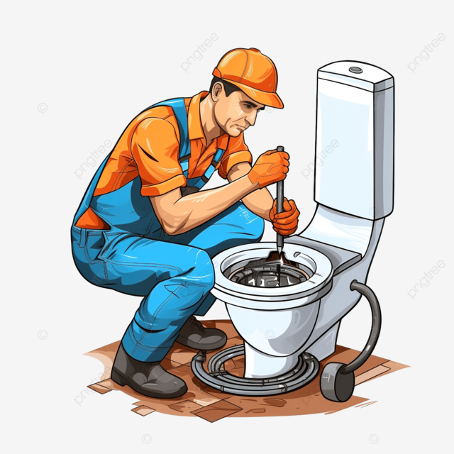 水管工正在修理马桶，在下水道堵塞后使用柱塞清洁管道