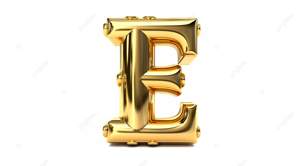白色背景上带有金属质感大写字母 e 的闪闪发光的金色 3d 字体