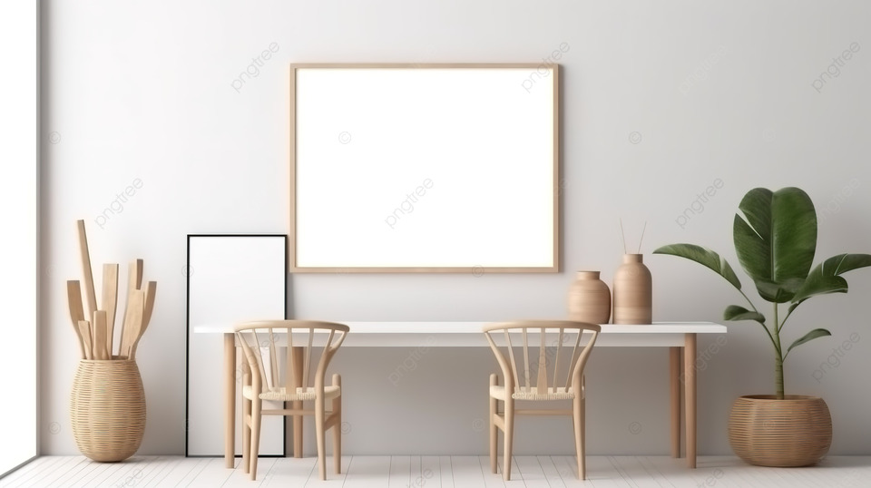 现代室内环境与斯堪的纳维亚风格的模型海报框架以 3D 渲染呈现