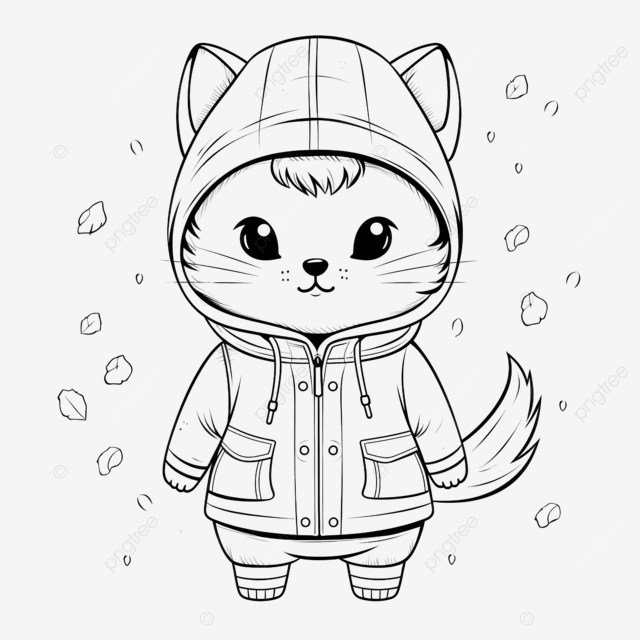 一只穿着连帽衫的可爱猫咪，胸前有绒球，猫咪剪影着色页