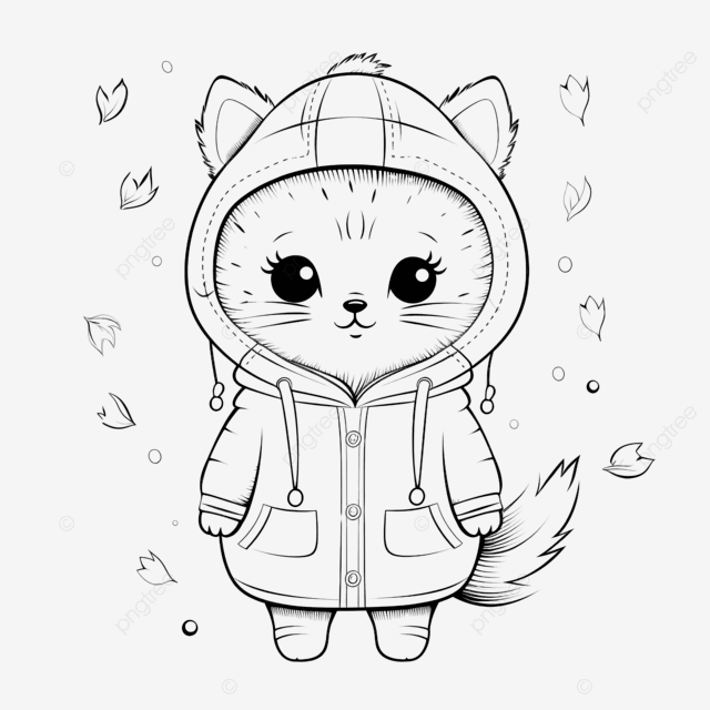 一只穿着连帽衫的可爱猫咪，胸前有绒球，猫咪剪影着色页