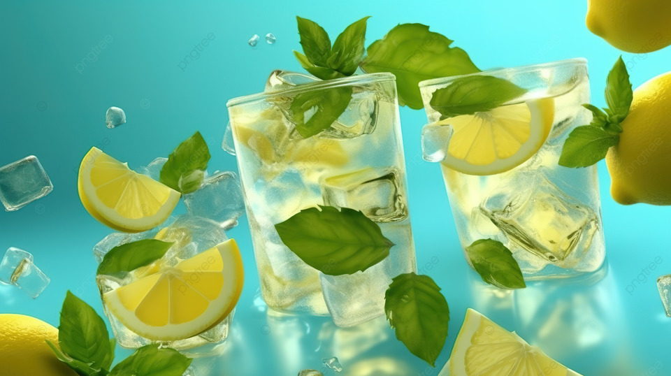 清爽饮料，配有掉落的柠檬片冰块和薄荷叶 3D 渲染