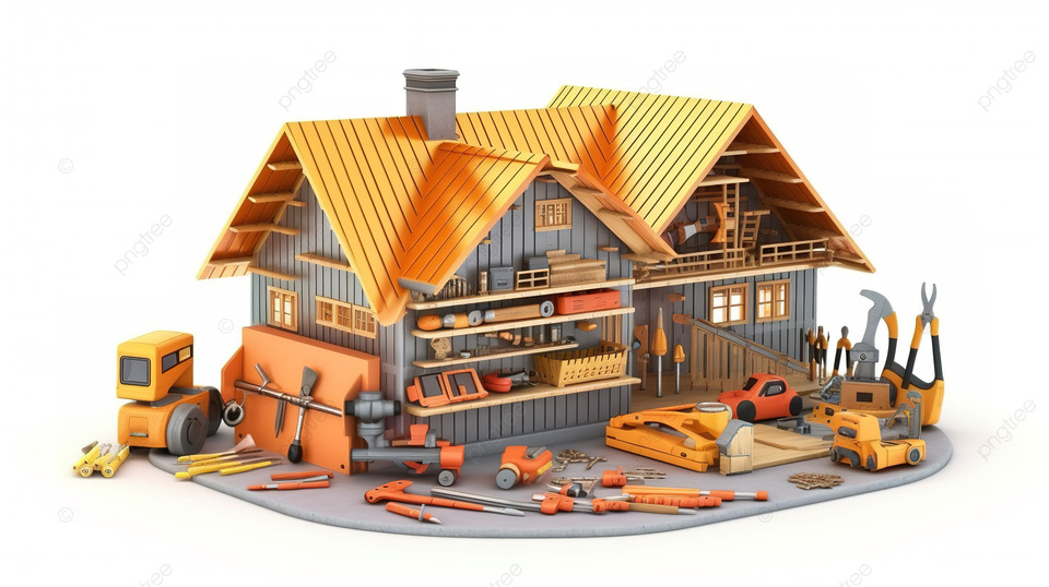 白色背景 3D 插图上的家庭维修和施工工具集合