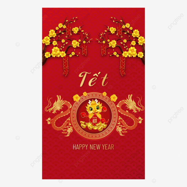 越南春节龙年杏花西瓜粽子传统龙年红包矢量