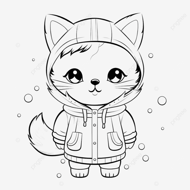 一只穿着连帽衫的可爱猫咪，胸前有绒球，猫咪剪影着色页