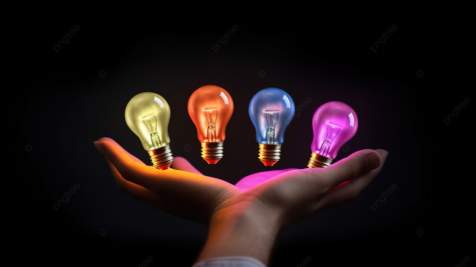 简约 3D 渲染手中握着的彩色灯泡集合