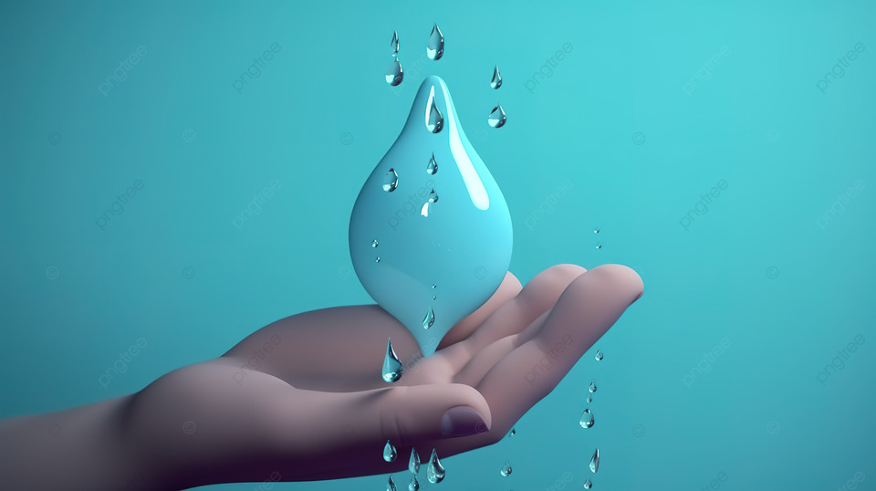 一只卡通手拿着水龙头里的一滴水的插图，背景是三月份节水日活动的海报，3D 渲染设计