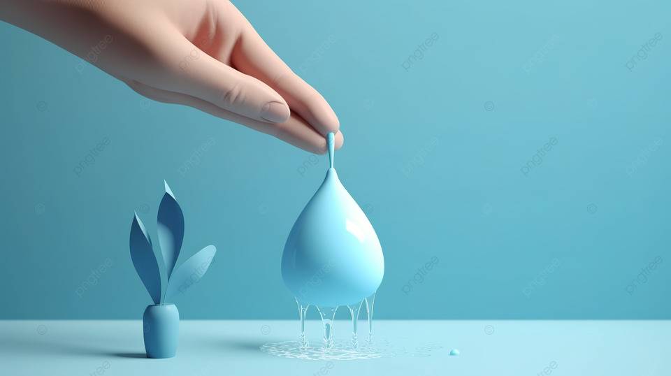 简约卡通风格 3D 渲染节水运动概念，为三月节水日，海报背景上手握水龙头中的水滴